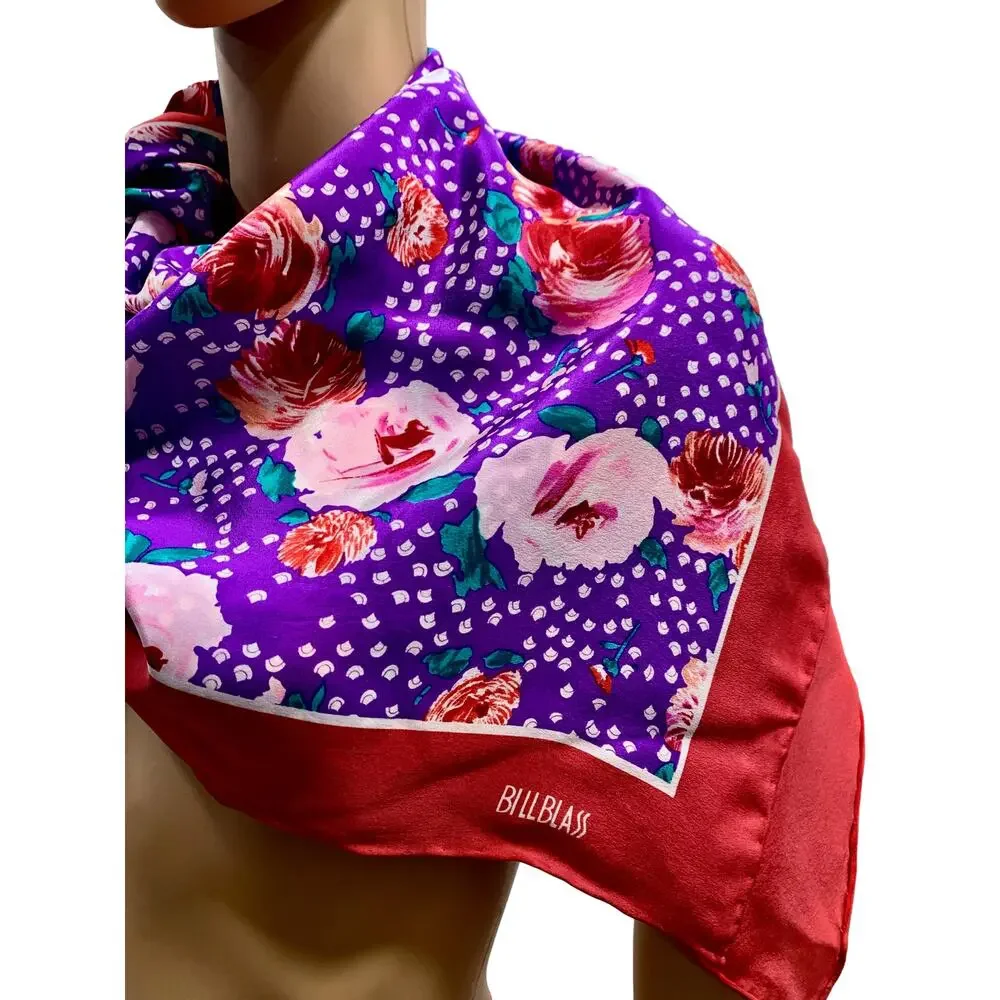 Bill Blass Silk Scarf Vintage 80s Purple Pink Floral Red Border 35